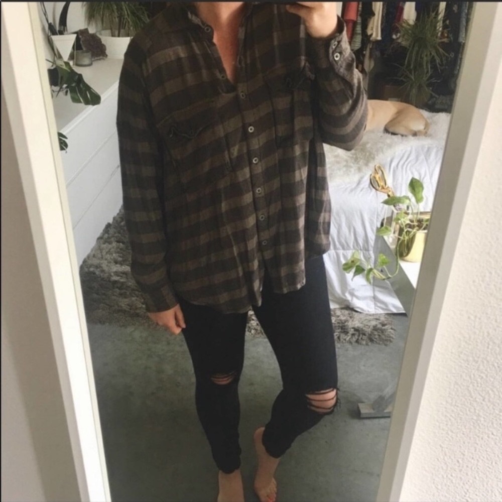 Free people oversized checkered plaid brown button down shirt